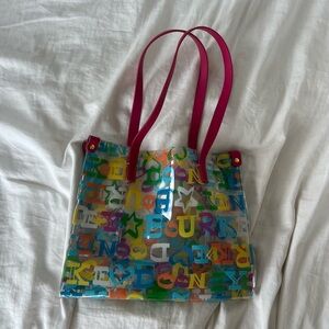 Dooney & Bourke Colorful Letter Print Tote with Pink Handles